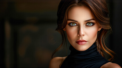 Fototapeta premium Close-up portrait of a young woman with striking green eyes and wavy brown hair, wearing a black turtleneck, showcasing beauty and elegance in a soft, atmospheric setting