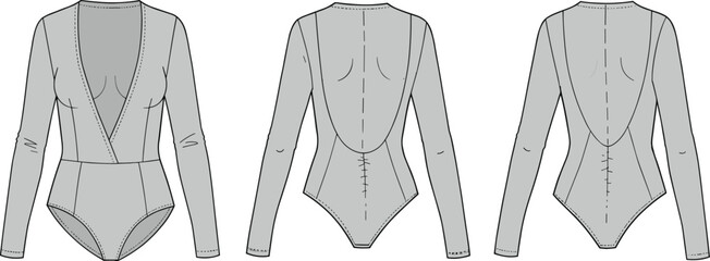  Deep V-neck bodysuit fashion flat sketch, long sleeve, open back with gathering detail, technical vector template for women’s apparel.flat vector illustration