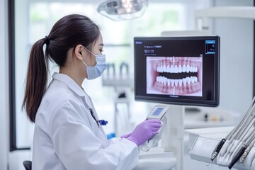 East-Asian dental professional operates advanced 3D scanning technology to analyze patient teeth structure in futuristic digital health clinic with cutting-edge equipment