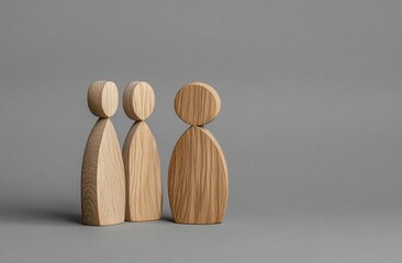 Three simple wooden figures stand close together on a gray background