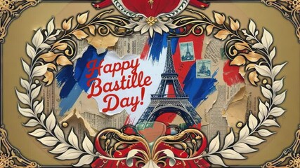 Starting animation showing scrollwork drawing frame around Eiffel Tower for Bastille Day greeting - Powered by Adobe