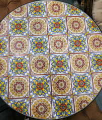 Portuguese azulejo tiles, mexican talavera, italian spanish majolica. Vintage tiled floor print for ceramic or fabric design.