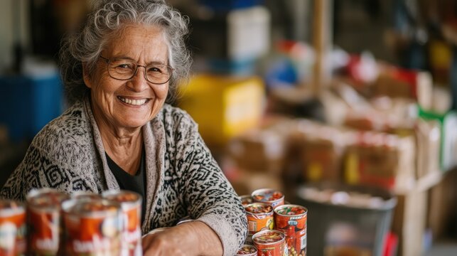 Elderly volunteer with warm smile organizing canned goods at community center, demonstrating active retirement through humanitarian service, perfect for community support and senior engagement concept