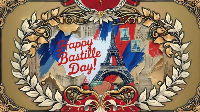 Starting animation showing scrollwork drawing frame around Eiffel Tower for Bastille Day greeting