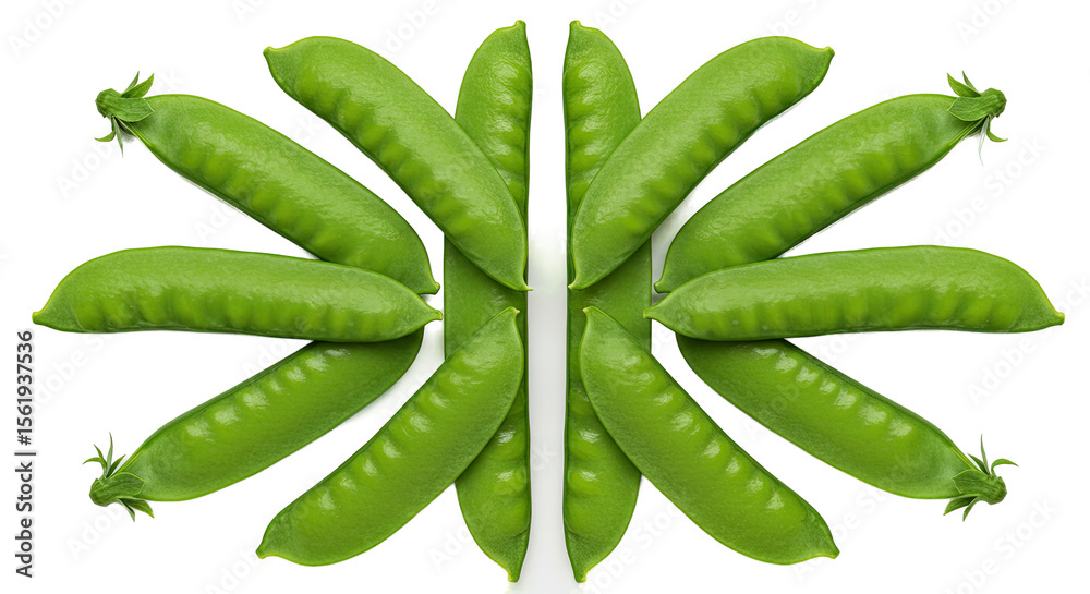 Poster fresh green snow peas arranged in a symmetrical pattern against a black background
