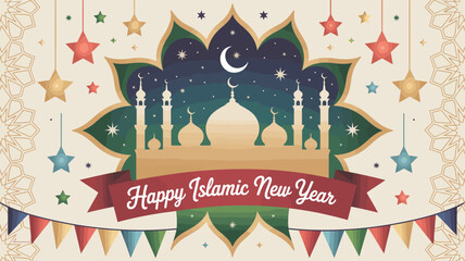happy islamic new year greeting card with mosque, crescent moon, minarets, colorful banners and stars in festive green-yellow background
