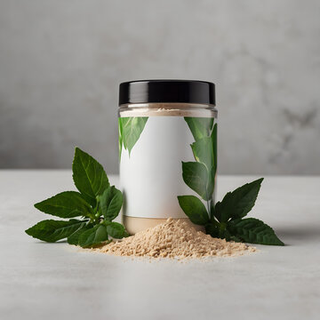 herbal planr and  transparent  bottle with suppliment powder
