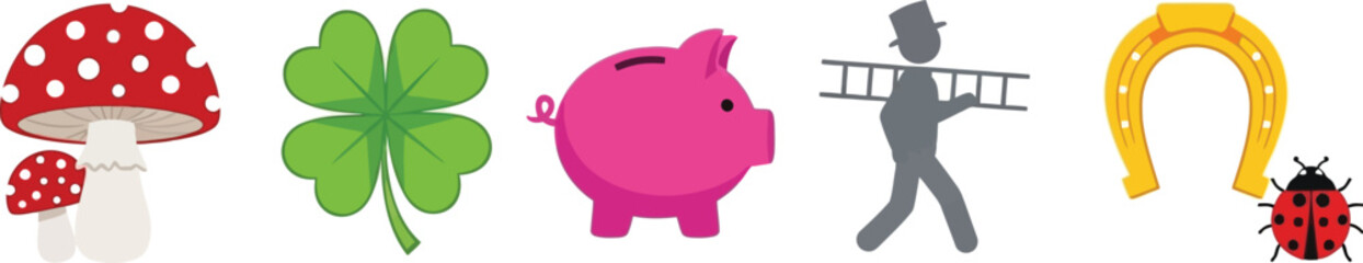 Vector art of a collection of lucky charms including a mushroom, clover, piggy bank, chimney sweep, horseshoe, and ladybug isolated on white background