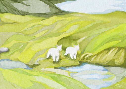Watercolor Landscape Mountain with Baby Goats in Green Meadow