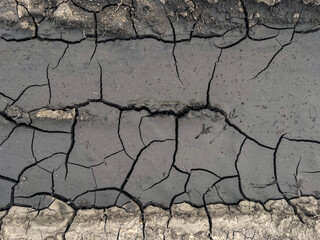 Cracked earth surface displaying intricate patterns of dry soil, showcasing the effects of drought...