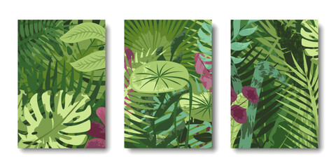 Tropical leaves background. Nature, exotic plants, flowers, botanical border, floral banner, card design. Leaf greenery, lush garden, botany pattern. Flat vector illustration set