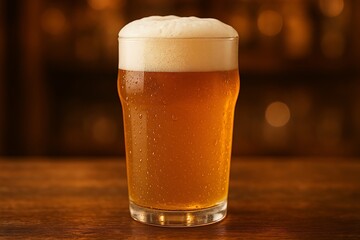 Cold golden lager in a glass mug with white foam on a bar table, a refreshing alcoholic drink
