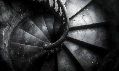 Dark, stone spiral staircase viewed from above, descending into shadowed depths; aged texture and moody lighting