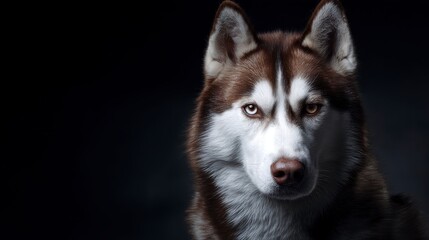 Obraz premium Close-Up Portrait of a Majestic Siberian Husky Dog Covered in Frost Against a Dark Winter Background
