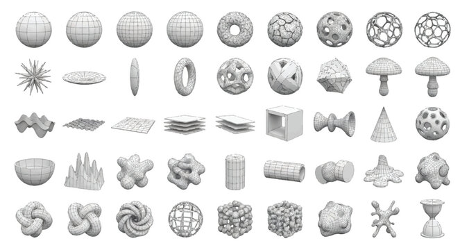 Collection of various geometric shapes and forms on white background