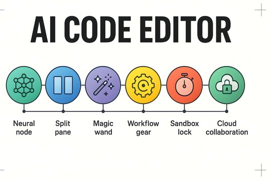 AI-Powered Code Editor Interface Infographic with Intelligent Programming Tools for Software Development Productivity Enhancement