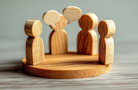 Wooden figures in a circle, each with a speech bubble, suggesting discussion or a meeting