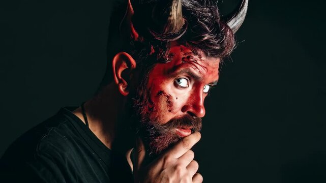 Man with devilish horned makeup in dramatic portrait, looking thoughtfully to the side against a dark background.