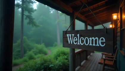 A rustic outdoor porch with a "Welcome" sign hanging from the ceiling in a foggy, green environment, serene and charming, 4K and HD.