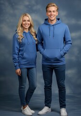 Portrait of a young couple wearing blue hoodies