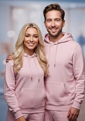 Fototapeta premium Smiling couple in matching clean pink hoodies posing together