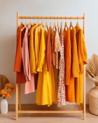 Colorful Wardrobe Display of Stylish Clothing in Warm Hues Arranged on Wooden Rack with Minimalist Decor