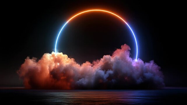 Glowing semicircle rests on puffy clouds, with dark water below, against a black backdrop