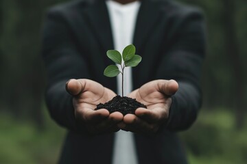 Man holding a growing seedling symbolizing growth and environmental responsibility