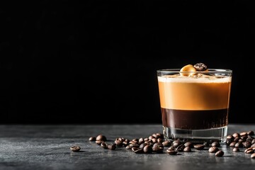 Stylish coffee glass with layered drink and beans on dark background