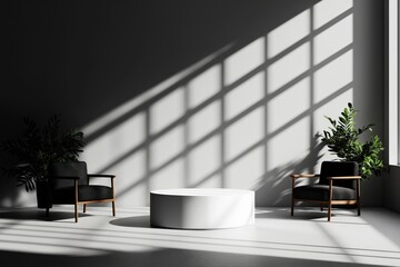 Modern interior with sunlight through window shadows, chairs and coffee table