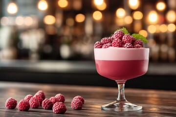 Elegant raspberry dessert with frothy topping served in a glass on a wooden surface