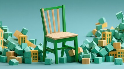 Minimalist Green Chair Surrounded by Colorful Building Blocks on a Soft Blue Background