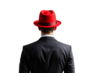 A central figure wearing a bold red hat surrounded by multiple men in black hats, dre