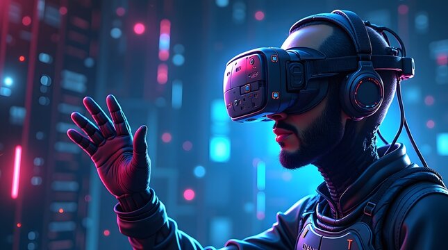 A man in a futuristic city wearing a VR headset and interacting with a digital interface. Metaverse and virtual reality concept. Cyberpunk style with neon lights.