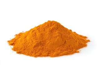 Pile of bright orange-yellow turmeric powder on white background