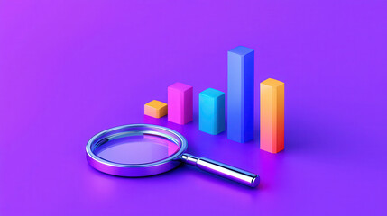 Colorful 3D bar graph with magnifying glass on vibrant purple background, symbolizing data analysis and financial growth