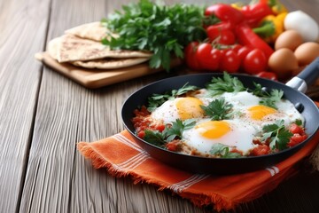 A skillet of sunny-side-up eggs nestled in tomato sauce with parsley, surrounded by fresh vegetables and flatbread