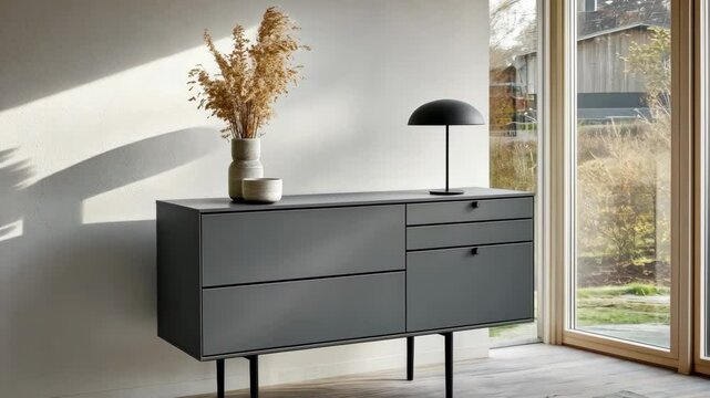Contemporary sideboard adds sophistication to a room, complemented by warm sunlight and elegant decorative touches