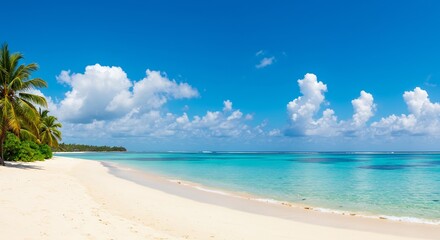 Fototapeta premium Tranquil Tropical Beach: Azure Waters, White Sand, Palm Trees under a Sunny Blue Sky
