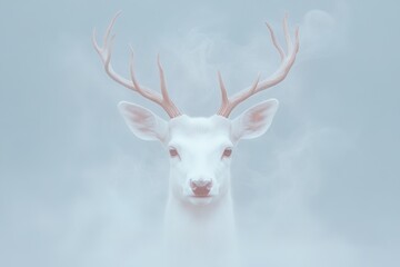Majestic white deer emerging through ethereal mist at dawn in a serene landscape