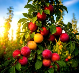 Obraz premium Ripe Red and Yellow Plums on a Branch in Golden Sunlight