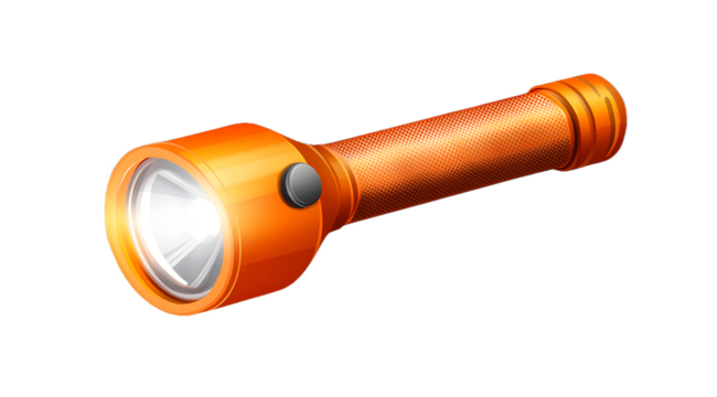 Bright Orange LED Flashlight, Powerful Beam,  Isolated on Black Background,  Modern Design,  Illumination,  Safety Equipment.