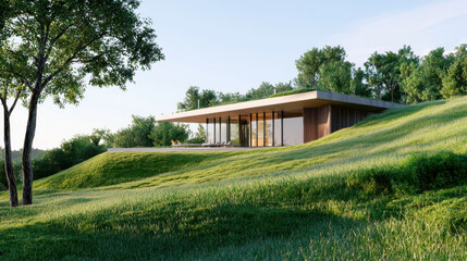 Obraz premium Modern house situated on grassy hillside, surrounded by lush trees and clear sky, embodies tranquility and sustainable living
