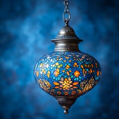 Ornate, mosaic-tiled pendant lamp.  A beautiful, handcrafted lamp, featuring a vibrant blue, colorful mosaic design.  The intricate pattern and warm light create a captivating ambiance