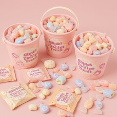 Cute pastel Halloween candy in pink buckets with playful packaging, perfect for trick-or-treat or festive party treats.