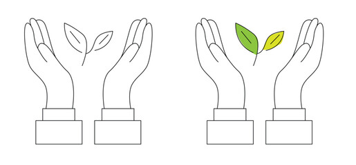 Obraz premium Hands Holding a Sprout Green Plant Line Art. Nature and ecology, taking care of plants and flowers vector art