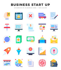 Collection of Business Start Up 25 Flat Icons Pack.