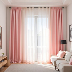 Contemporary interior with soft pink curtains and white sheers in bright room