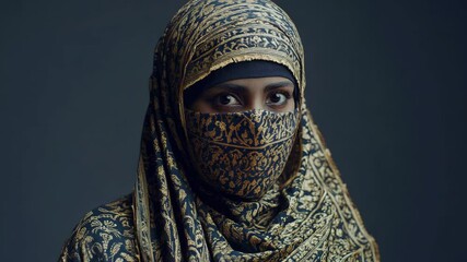 A modestly dressed young Muslim woman with a thoughtful expression, wearing traditional Islamic attire. Her hijab covers her head and neck, adhering to cultural dress codes.