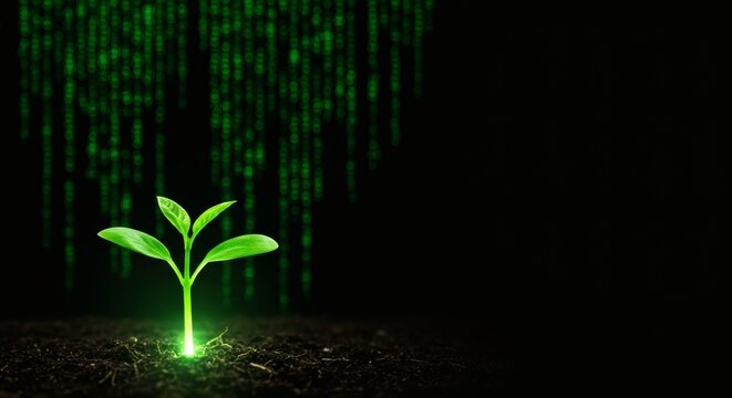 Digital Growth Sprout emerging under matrix code on black.